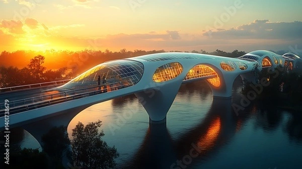 Fototapeta AI-designed eco-bridges with integrated solar panels, holographic stress tests simulating traffic loads