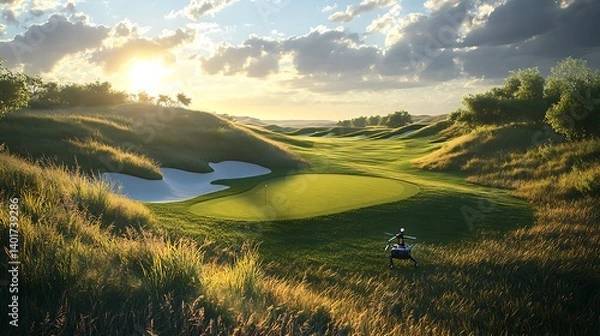 Fototapeta AI-designed golf course with adaptive terrain, drone caddies fetching clubs, wind patterns projected on smart greens