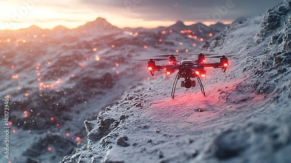 Fototapeta AI-driven avalanche rescue drones scanning mountain slopes with radar, red alerts flashing on snowy peaks