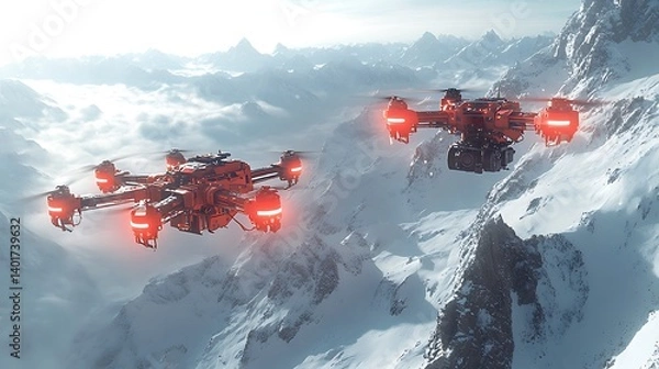 Fototapeta AI-driven avalanche rescue drones scanning mountain slopes with radar, red alerts flashing on snowy peaks