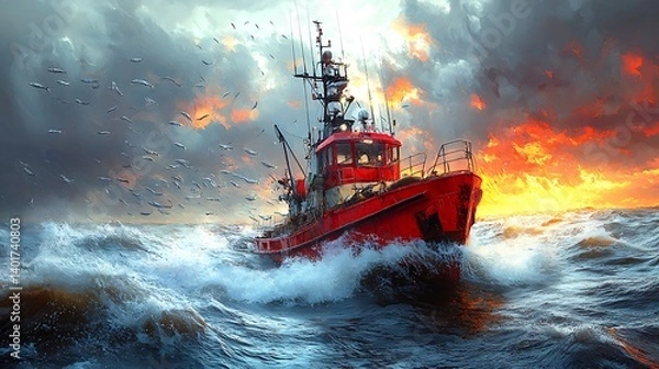 Fototapeta AI-guided fishing trawlers avoiding bycatch, sonar mapping fish schools, sustainability quotas enforced by blockchain trackers