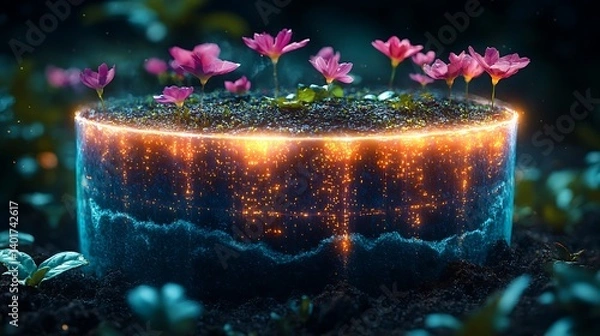 Fototapeta AI-powered compost network, household waste tracked to urban farms, nutrient levels visualized as glowing soil layers