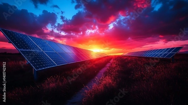 Fototapeta AI-powered streetlights adjusting brightness via motion sensors, solar panels charging under a twilight sky