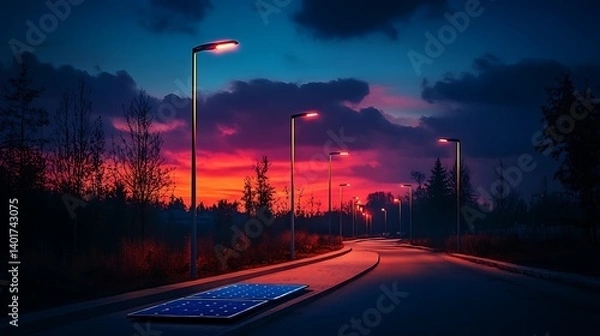 Fototapeta AI-powered streetlights adjusting brightness via motion sensors, solar panels charging under a twilight sky