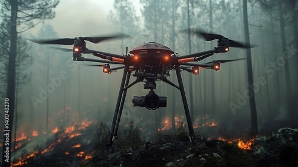 Fototapeta AI-powered wildfire prediction drones launching from a mountain outpost, infrared sensors scanning dense forests