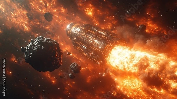 Fototapeta AI asteroid refinery melting space rocks into alloys, solar furnaces blazing in zero-g, molten streams crystallizing in vacuum