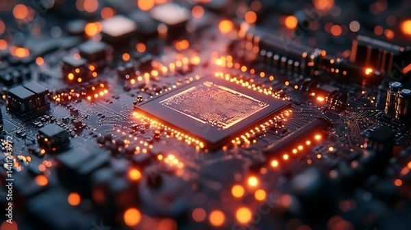 Fototapeta AI microchip factory, circuits etched by laser nanobots, wafer inspections via quantum microscopy