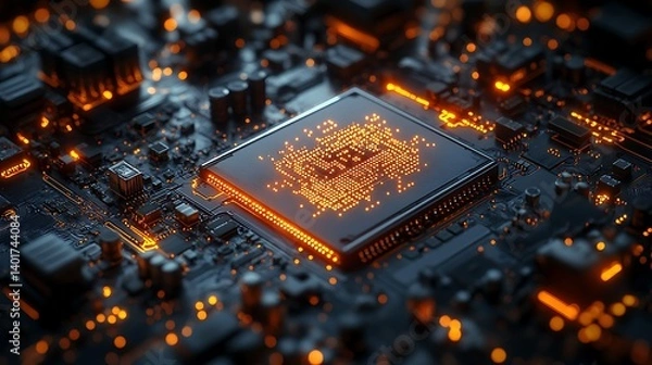 Fototapeta AI microchip factory, circuits etched by laser nanobots, wafer inspections via quantum microscopy