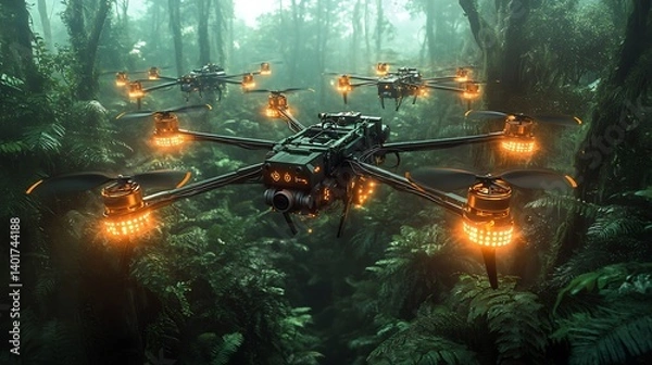 Fototapeta AI wildlife conservation drones tagging endangered species with glowing biometric trackers in a dense rainforest