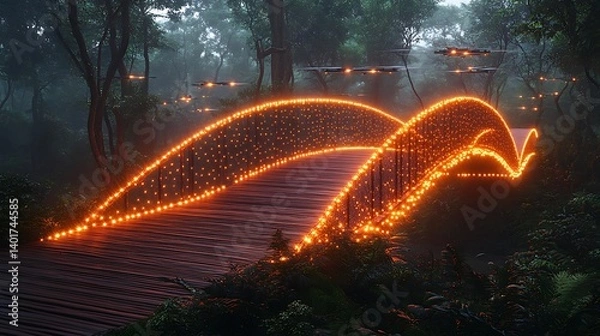 Fototapeta AI wildlife corridor planner, drones mapping animal migrations, eco-bridges glowing with motion-activated lights