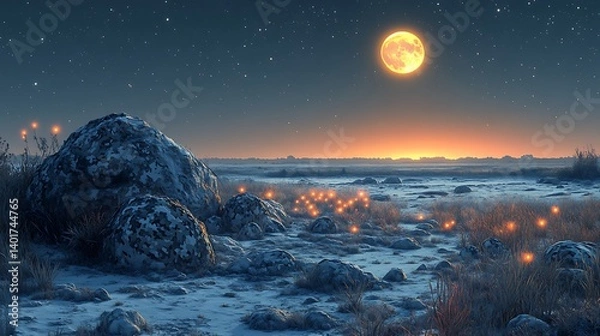 Fototapeta AI wildlife trackers camouflaged as rocks, infrared sensors monitoring endangered species in a moonlit savannah