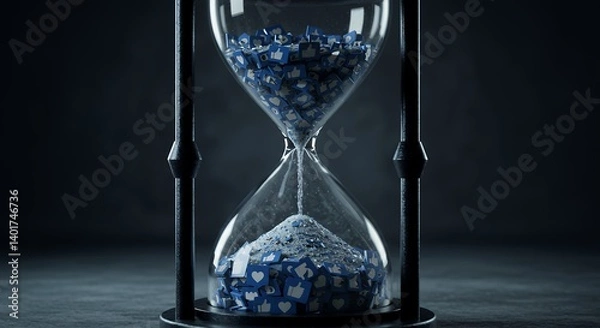 Fototapeta Social Media Time Passing Concept An Hourglass Filled with Like Icons Flowing Down Symbolizing the Fleeting Nature of Online Validation and the Consuming Nature of Social Platforms