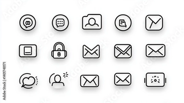 Fototapeta A set of stylized outline icons representing various communication and technology related elements suitable for customer facing user interfaces and digital platforms
