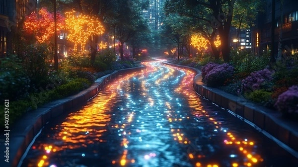 Fototapeta Magical Night Water Pathway - Illuminated Reflections in Nature