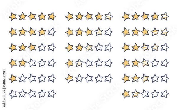 Fototapeta 5 stars rating. Five stars icons. Hand drawn doodle stars elements. Customer feedback concept. Review product rating.Vector flat illustration for apps, websites