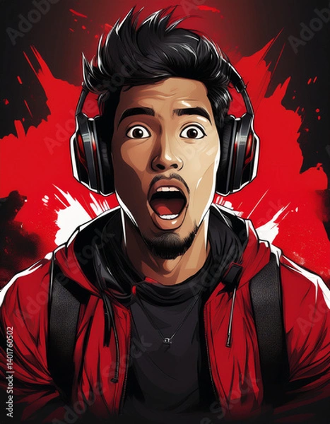 Fototapeta Clickable, over-the-top YouTube thumbnail featuring a professional gamer showing intense excitement and shock, set against a bold, high-contrast red and black background
