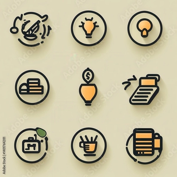 Fototapeta A set of minimalist outline icons representing various elements associated with success achievement and personal or professional development