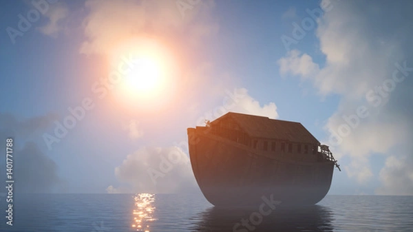 Fototapeta Bible story Noah's Ark floats on water in the middle of a flood 3d render