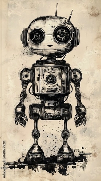 Fototapeta Retro robotic technology meets vintage film camera and projector design