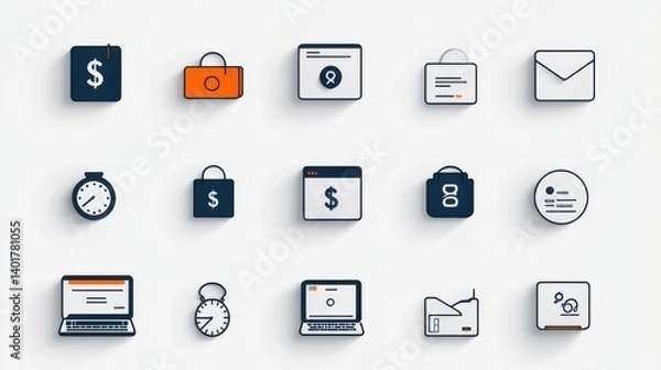 Fototapeta A collection of minimalist and modern outline icons representing various aspects of online banking digital payments and financial transactions