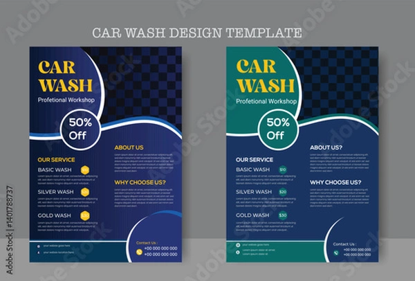 Obraz Car wash flyer design professional car service brochure design, car, service, repair, garage, foam, clean, shine, bubbles, automobile, drive, engine, a4 print ready template.