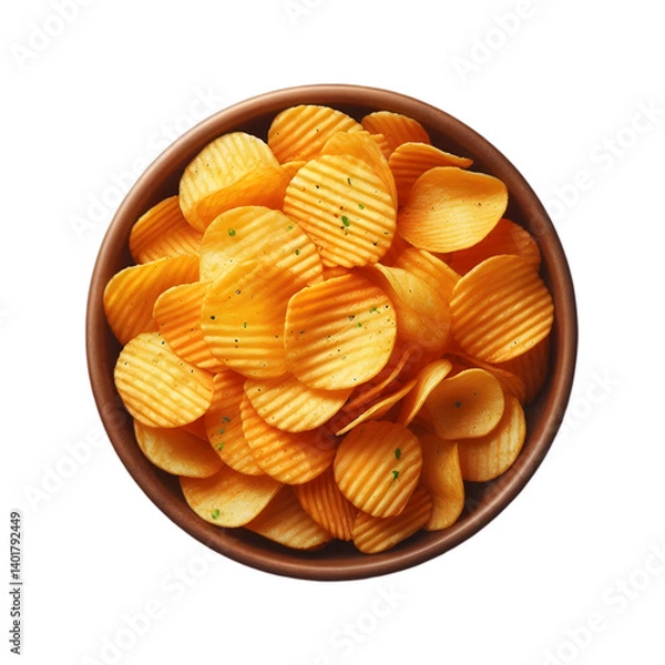 Fototapeta A top view of a snack bowl of savoury potato chips party food, crispy nibbles isolated