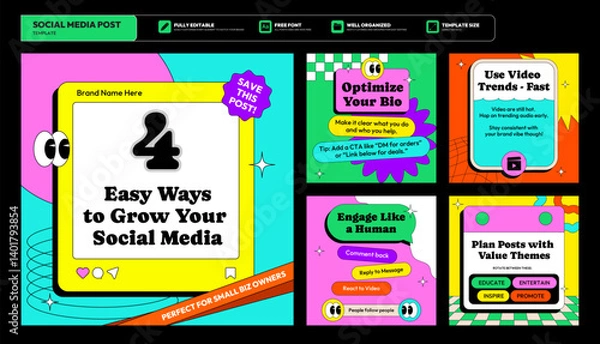 Obraz Social media carousel post template. Business Instagram and facebook square post template. Instagram tips post collection tutorial, tip, trick, quick tips, layout template design, retro, pop art