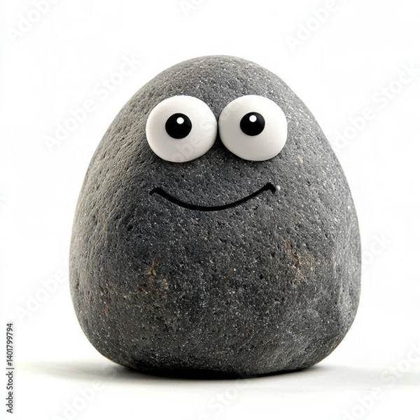 Fototapeta A large grey pet rock with two eyes and smile, creating whimsical and playful expression