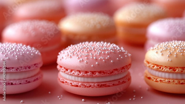Fototapeta Colorful macarons with sprinkles on top create delightful and sweet atmosphere