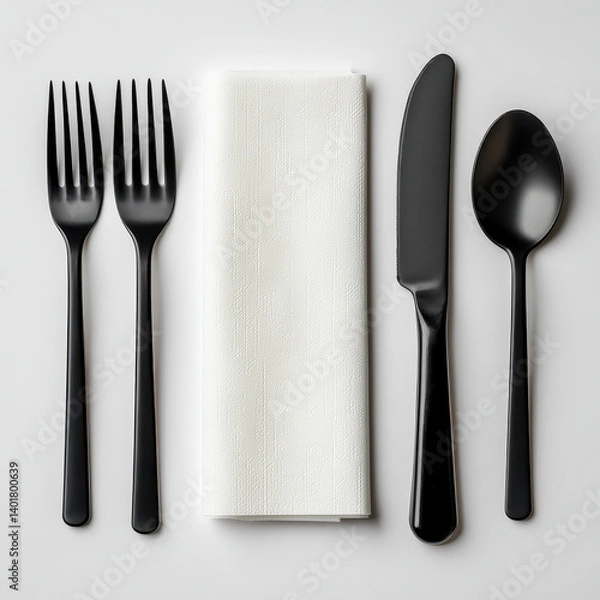 Fototapeta Black cutlery set with forks, knife, spoon, and white napkin on gray background. Modern and elegant dining arrangement