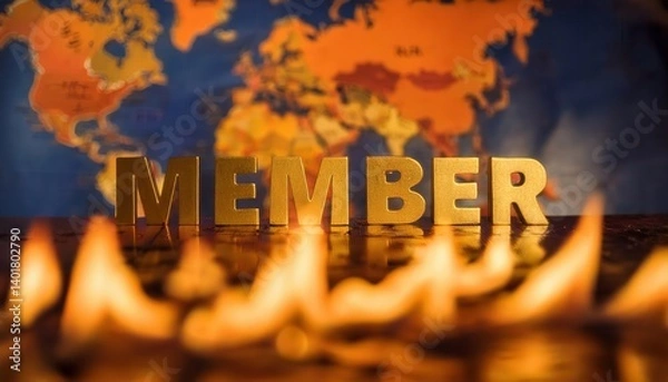 Fototapeta Golden Letters Spelling Member Against World Map Background