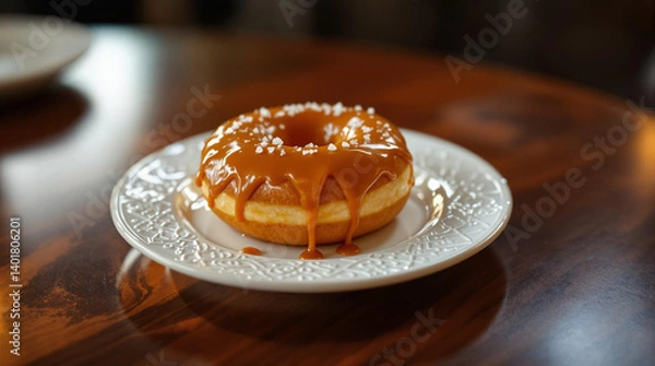Fototapeta donuts with caramel topping on a white plate and wooden table
