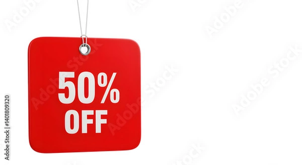 Fototapeta A vibrant red tag suspended by string announces a 50% off discount in bold, white text. The offer is clear and inviting to shoppers.