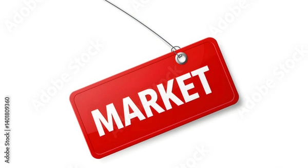 Fototapeta A vibrant red tag, suspended by a delicate silver string, boldly displays the word MARKET in clean, white lettering. Symbolizing sales.