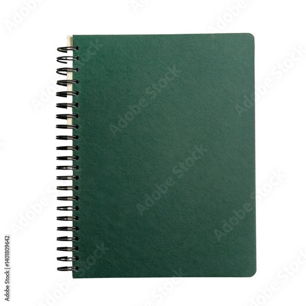 Obraz Hyper-detailed 8K image of a green spiral-bound notebook, top view, perfectly centered on transparent background