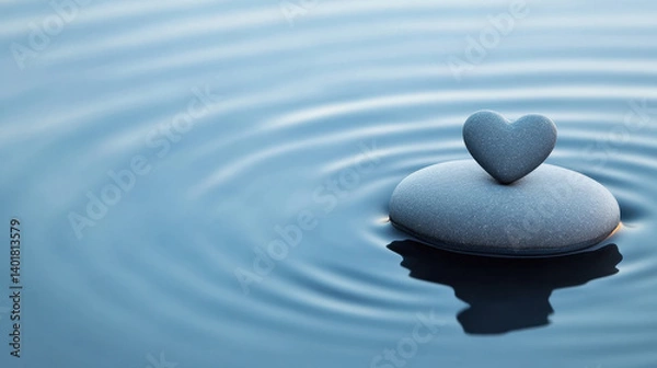 Fototapeta A heart shaped stone rests on smooth pebble in calm blue pond, creating gentle ripples
