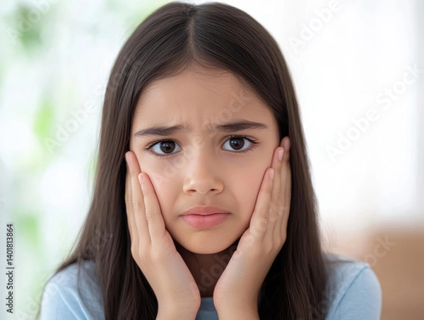 Fototapeta Close-up of a girl pressing her cheeks with both hands, showing discomfort and pain, possibly due to a toothache or dental issue.