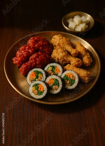 Obraz Feast of korean style fried chicken with sauce, Kimbap rolls and pickled radish on wooden tableGenerated image