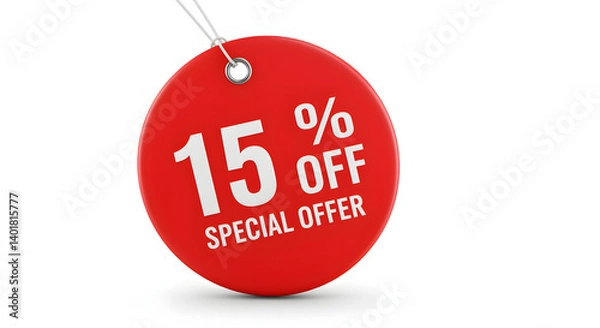 Fototapeta A vibrant red discount tag with '15% OFF' and 'SPECIAL OFFER' text against a white background, symbolizing savings and promotional deals.
