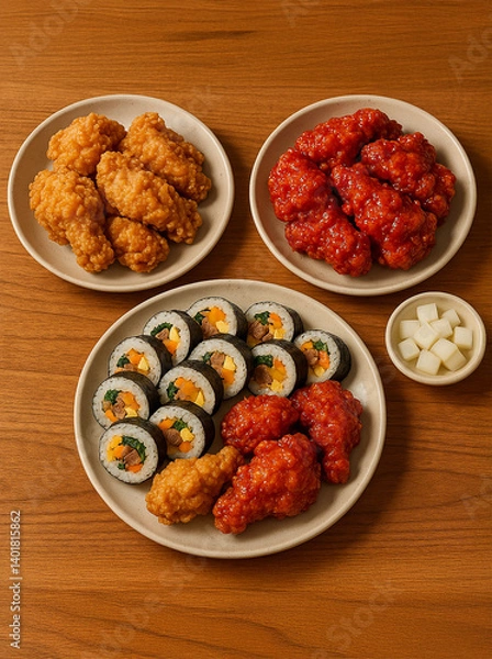 Obraz Feast of korean style fried chicken with sauce, Kimbap rolls and pickled radish on wooden tableGenerated image