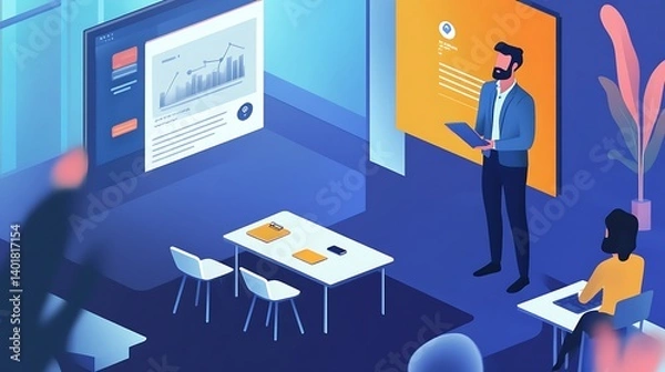 Fototapeta Business Presentation with Data Analysis Strategy Session for education technology digital progress improvement success concept.