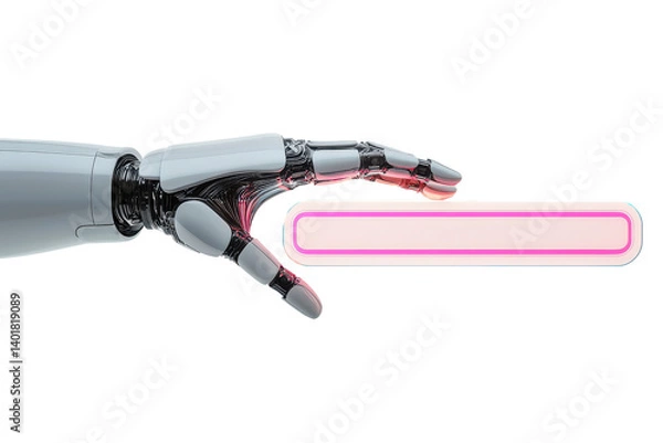 Obraz robot hand holding glowing neon bar on white background.