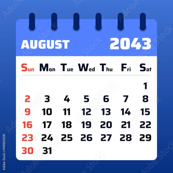 Fototapeta 2043 August Calendar Layout. Vector Illustration of an August 2043 Planner. August 2043 Calendar Template. Flat design.

