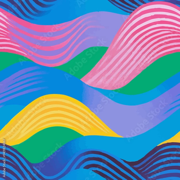 Fototapeta A seamless pattern collection featuring abstract shapes, playful characters, landscapes, houses, robots, nature, and bold graphic forms in modern, colorful, and artistic styles.