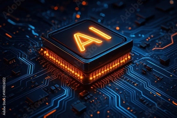Fototapeta Glowing AI Processor on a Circuit Board