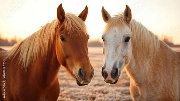 Fototapeta Two horses, one brown and one light tan, stand side by side in a field of frost-covered grass under a warm, golden sunrise. The brown horse is on the left, the tan horse is on the right