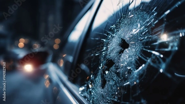 Fototapeta Broken rear car window with scattered glass shards after theft or vandalism, showing vehicle damage and concept of stolen property, crime, insecurity and urban danger