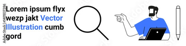 Fototapeta Magnifying glass, man using laptop gesturing toward text, and pen. Ideal for search, education, research, design, productivity, modern tech flat landing page banner