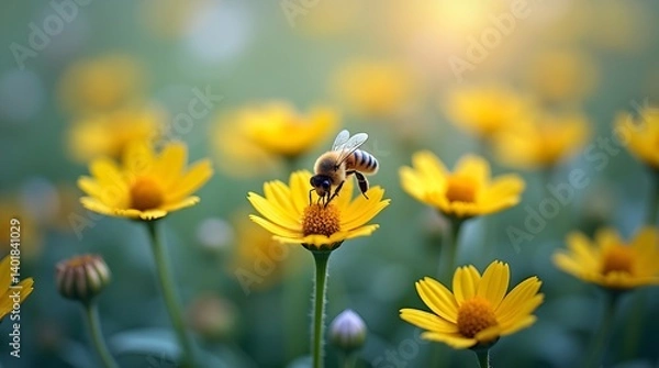 Fototapeta In a fairy garden, little yellow bright summer flowers and a bee stand out against a backdrop of green and blue greenery. creative image at a macro scale. format for a banner.