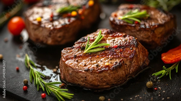 Fototapeta Delicious grilled beef steak filet mignon with rosemary and spices gourmet food fine dining photography